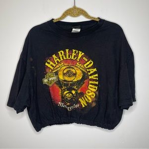HARLEY DAVIDSON Black Yellow Red Custom Cropped T Shirt M/L